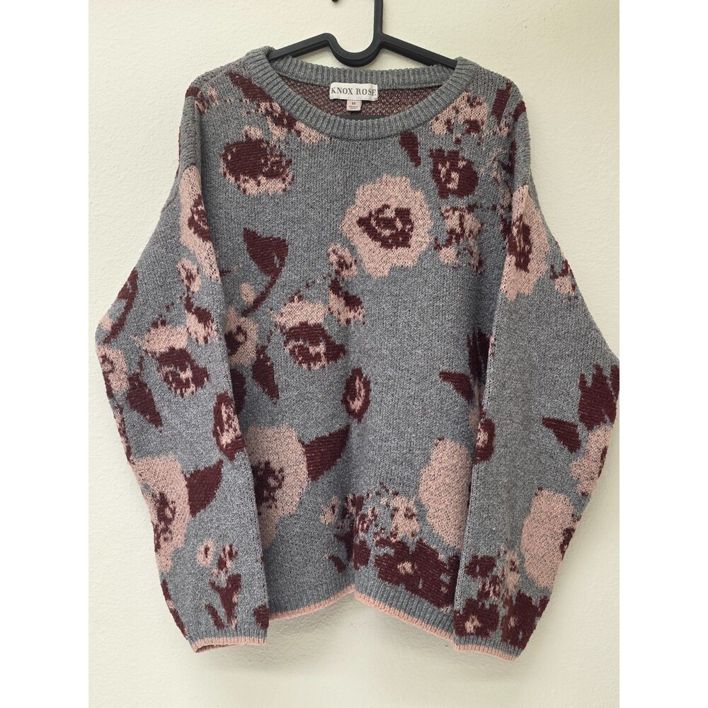 Knox Rose Women’s Medium Floral Knit Sweater Gray Pink Boho Pullover M